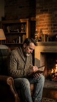 Mature Caucasian man with beard writing in journal by fireplace in cozy library room with brick walls and bookshelves during evening relaxation time.
