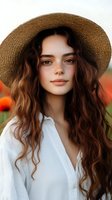 Young woman with long wavy brown hair wearing straw hat and white blouse in poppy field during golden hour for summer fashion and lifestyle content.