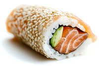 Fresh salmon and cucumber sushi roll coated with white sesame seeds on white background, close-up view showing layered ingredients and texture.