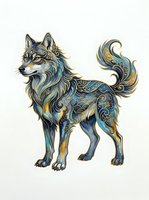 Ornamental wolf with decorative blue and gold swirling patterns isolated on white background, ready for design projects, apparel printing, and clipart applications.