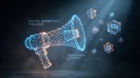 Digital marketing megaphone with glowing network particles and promotional icons, representing strategy, communication, and online advertising campaigns for business growth.