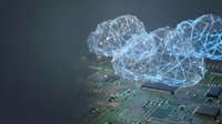 Digital cloud network nodes glowing above circuit board, representing cloud computing, data storage, and network connectivity for technology and business applications.