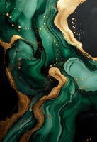 Luxurious emerald green marble effect with gold flowing veins and scattered metallic dots creates elegant abstract pattern for luxury design projects.