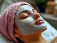 Young Asian woman relaxing during spa facial treatment with clay mask and pink towel wrapped around head, eyes closed in peaceful expression.