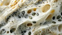 Macro view of fresh bread texture with pumpkin seeds and poppy seeds scattered across porous dough surface showing detailed holes and cavities in baked crust.