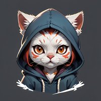 White cat with orange tribal markings wearing blue hoodie, anime style character portrait on dark background. Isolated design for gaming mascot and merchandise.