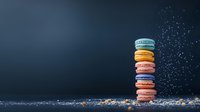 Colorful macarons stacked in tower formation against dark background with magical sparkle effect and scattered crumbs, dramatic food photography styling.