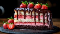 Layered chocolate and strawberry cake with dark chocolate ganache drip, topped with fresh strawberries on black slate board. Decadent dessert for celebrations.