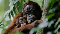 Tender moment between orangutan mother and baby in natural rainforest habitat, showing nurturing behavior among endangered primates surrounded by lush foliage.