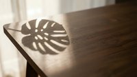 Monstera leaf shadow cast on wooden table surface by natural sunlight through window, creating geometric pattern for interior design and home decor projects.