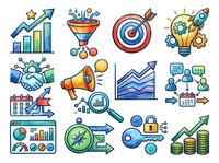 Growth chart with upward arrow and bar graph showing business success metrics, funnel diagram with colorful spheres, target with bullseye and arrow, lightbulb with gears and rocket, handshake with coins, megaphone with sound waves, line graph with upward trend, team collaboration icons, calendar with chart, analytics dashboard, magnifying glass with data, compass with arrow, security lock with key, and stacked coins with growth arrow. Isolated clipart set ready for business presentations, websites, and marketing materials.
