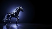 Majestic black stallion rearing on hind legs with flowing mane against dramatic blue lighting on reflective surface for luxury branding and equestrian designs.