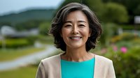 Cheerful mature Asian woman with short wavy hair wearing turquoise blouse and beige cardigan smiling outdoors against blurred natural background. Authentic lifestyle portrait.