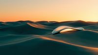 Abandoned white boat resting on vast desert sand dunes at golden sunset, creating surreal landscape for conceptual and editorial projects.