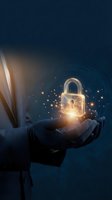 Businessperson holding glowing padlock with key inside, symbolizing data security, cybersecurity protection, and digital encryption for business and technology concepts.