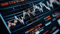 Financial market data visualization showing dynamic stock price movement graph with white zigzag lines on dark background, focused on trading analytics display.