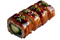 Fresh salmon sushi roll topped with teriyaki sauce, sesame seeds and green onions on black background, macro food photography for restaurant menu design.