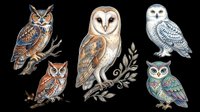 Five detailed owl illustrations isolated on transparent background, ready for stickers, t-shirt design, print on demand, sublimation, and clipart use.