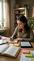 Young woman studying at home desk with books tablet and notes in cozy living room with plants and natural light for education and remote learning.