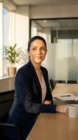 Professional businesswoman in navy suit sitting at modern office desk with coffee cup, smiling confidently in bright corporate workspace with glass walls.