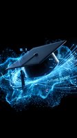 Futuristic graduation cap with digital particle effects and glowing blue energy streams on black background for education technology concepts.