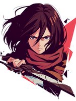 Fierce anime warrior character with flowing dark hair and red scarf in dynamic action pose against geometric background. Isolated illustration for gaming and fantasy designs.