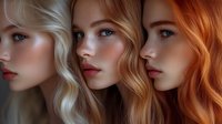Three young women with different hair colors - platinum blonde, golden blonde and copper red - in profile view showing natural beauty makeup and wavy hairstyles.