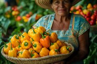 Senior woman in straw hat holding basket of fresh yellow bell peppers at farmers market with colorful produce in background.