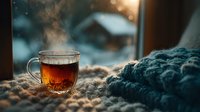 Steaming hot tea in glass mug with cozy knitted blanket creating warm atmosphere for relaxation and comfort during cold weather.