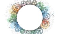 Colorful watercolor gears and cogs frame with white circle space for text, mechanical engineering design elements on transparent background.