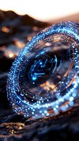 Futuristic circular hologram interface with glowing blue particles and digital elements floating above rocky surface at sunset, representing advanced technology.