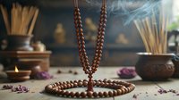 Wooden prayer beads with burning incense and dried flowers on dark background, creating spiritual atmosphere for meditation and mindfulness practice.