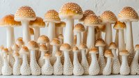 Orange spotted mushrooms with white stems growing in rows against light background, creating natural pattern composition for nature and botanical designs.