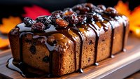 Homemade chocolate pound cake topped with dark chocolate ganache drizzle and dried cranberries on wooden serving board, close-up view with warm background glow.