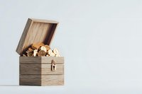 Wooden treasure chest filled with golden coins on white background, open box revealing wealth and fortune, minimalist financial concept composition.