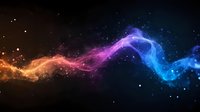 Vibrant cosmic nebula with flowing orange, pink and blue colors against dark space background, glowing stars create magical celestial atmosphere.