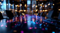 Futuristic digital network visualization with glowing purple and blue light trails against dark background with bokeh lights, modern technology concept.
