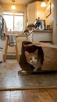 Orange and white tabby cat playing in brown paper bag on kitchen floor with warm lighting, wooden furniture, and appliances in background. Domestic pet enjoying indoor playtime.