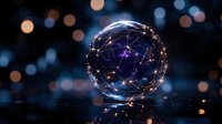 Glowing sphere with connected light dots forming network pattern against dark background with bokeh lights, representing global connectivity and digital transformation.