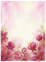 Watercolor floral frame with pink flowers and gold ornamental swirls on soft pink background, copy space for wedding or greeting card design.