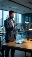 Male professional in dark business suit presenting holographic cloud computing security interface in modern office with city skyline, suitable for technology, cybersecurity, and corporate business concepts.
