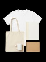White t-shirt, cream tote bag, white mug, and kraft box isolated on transparent background. Ready for sublimation, print-on-demand, and merchandise design mockups.
