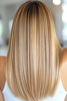 Straight blonde hair with smooth gradient balayage highlighting shown from behind on woman wearing white top, demonstrating professional hair coloring technique.