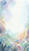 Soft watercolor background with gold line art leaves and swirls in pastel blue, purple, and green tones with copy space.