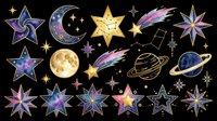Celestial clipart set with stars, moon, planets, and comets in galaxy colors, isolated on transparent background. Great for stickers, t-shirt design, and print on demand.