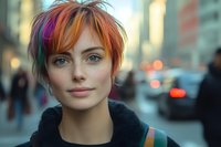 Young woman with vibrant orange and purple pixie haircut smiling at camera on urban street with soft bokeh background and natural evening lighting.