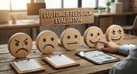 Business professional conducting customer feedback evaluation with wooden emoji rating blocks from sad to happy faces on office desk with documents.