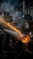 Industrial metal grinding with bright orange sparks flying in workshop environment for manufacturing and metalworking projects.