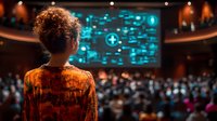 Young woman with curly hair watching digital healthcare presentation in dark auditorium with glowing turquoise screen showing medical symbols and audience.