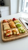 Fresh sliced apples arranged on wooden cutting board in bright modern kitchen for healthy snacking and meal preparation.